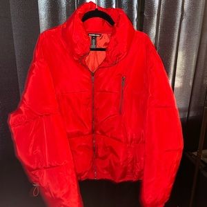 Red puffer jacket